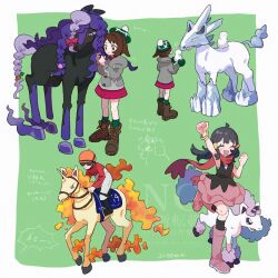  1other 2girls :d aqua_hair black_fur black_hair black_shirt black_socks boots border bow bracelet brown_eyes brown_hair brown_shoes cardigan commentary_request dress fiery_hair fiery_tail fire full_body galarian_ponyta glastrier gloria_(pokemon) green_background green_hat green_socks grey_cardigan hair_ornament hairclip hat highres hikari_(pokemon) horns horse horseback_riding jewelry long_hair long_sleeves looking_at_another looking_at_viewer multiple_girls open_mouth orange_hat pants pink_boots pink_dress pink_skirt plaid_clothes plaid_socks pokemon pokemon_(creature) pokemon_diamond/pearl/platinum pokemon_sword_and_shield pony_(animal) purple_hair rapidash red_bow red_scarf red_shirt riding riding_pokemon sandora_(karugamo_no_e) scarf shirt shoes short_hair simple_background single_horn skirt smile snowman socks spectrier standing tail tam_o'_shanter unicorn white_border white_fur white_pants 