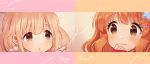  2girls blonde_hair blue21 blush brown_background brown_eyes brown_hair character_name close-up closed_mouth dot_nose futaba_anzu hair_ornament hand_up heart highres idolmaster idolmaster_cinderella_girls idolmaster_cinderella_girls_starlight_stage lips long_hair long_sleeves low_twintails moroboshi_kirari multiple_girls pom_pom_(clothes) pom_pom_hair_ornament sleeves_past_wrists smile star_(symbol) star_hair_ornament staring twintails 