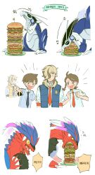  1girl 2boys absurdres ahoge arven_(pokemon) bin_aham blue_vest blush braid brown_eyes brown_hair closed_mouth collared_shirt eating florian_(pokemon) food hair_over_one_eye hands_up highres juliana_(pokemon) koraidon korean_text miraidon multiple_boys necktie open_clothes open_mouth open_vest orange_necktie plate pokemon pokemon_(creature) pokemon_scarlet_and_violet sandwich shirt short_sleeves translation_request trembling vest white_background white_shirt 