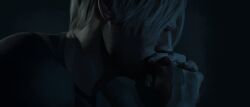  1boy blonde_hair commentary covering_own_mouth dark highres k4lmiiaa leon_s._kennedy looking_to_the_side male_focus own_hands_together resident_evil resident_evil_2 short_hair solo upper_body 