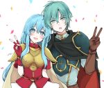  1boy 1girl aqua_eyes armor breastplate brother_and_sister brown_gloves cape confetti earrings eirika_(fire_emblem) ephraim_(fire_emblem) fingerless_gloves fire_emblem fire_emblem:_the_sacred_stones gloves hair_between_eyes highres jewelry long_hair looking_at_viewer misato_hao open_mouth red_gloves short_hair shoulder_armor siblings sidelocks twins upper_body v white_background 