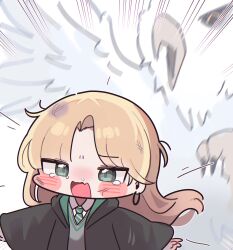  1girl bird blonde_hair blurry blush_stickers bruise buckbeak chibi commentary_request depth_of_field diagonal-striped_clothes diagonal-striped_necktie draco_malfoy draco_malfoy_(redteneri) earrings emphasis_lines fleeing genderswap genderswap_(mtf) green_eyes green_necktie harry_potter_(series) harry_potter_and_the_prisoner_of_azkaban highres hippogriff hogwarts_school_uniform hoop_earrings injury jewelry korean_commentary long_hair mming_(mmingis18) necktie robe running scared school_uniform scuffed slytherin solo striped_clothes striped_necktie sweater_vest tears two-sided_fabric two-sided_robe two-tone_robe wizarding_world 