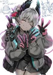  1girl 2girls arknights bird_girl black_feathers black_jacket black_skirt closed_eyes closed_mouth commentary_request dark-skinned_female dark_skin double_v extra_arms feathers flower gloves grey_hair hair_flower hair_ornament highres jacket long_sleeves multicolored_gloves multiple_girls pink_gloves raidian_(arknights) red_flower rhodes_island_uniform shiga short_hair simple_background skirt smile soles translation_request two-tone_gloves v white_background white_flower 