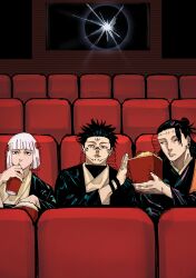  1girl 2boys absurdres arm_tattoo black_eyes black_hair cup drinking_straw ear_piercing facial_tattoo food geto_suguru geto_suguru_(kenjaku) hair_bun highres jujutsu_kaisen kenjaku long_hair movie_theater multiple_boys piercing popcorn popcorn_bucket red_eyes ryoumen_sukuna_(jujutsu_kaisen) ryoumen_sukuna_(second_possession)_(jujutsu_kaisen) tattoo uraume_(jujutsu_kaisen) vroom622226 white_hair 