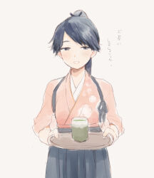  1girl black_hair black_hakama blush cup grey_background hakama holding holding_tray houshou_(kancolle) ima_(minitomato123) japanese_clothes kantai_collection kimono looking_at_viewer pink_kimono ponytail simple_background solo steam tasuki tea translation_request tray upper_body yunomi 