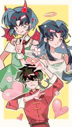  1boy 2girls absurdres angel black_hair border braid chinese_commentary choker collarbone commentary_request couple demon_girl demon_horns demon_wings dress flying_nimbus green_dress heart hetero highres horns index_finger_raised long_hair multiple_girls multiple_persona necktie outside_border ranma_1/2 red_necktie red_shirt saotome_ranma saotome_ranma_(male) shirt short_hair smile white_border white_choker white_dress wings xixi5tye yellow_background 