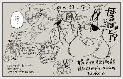  4boys ? absurdres animal_ears bakushi_(smys2017) bandana bob_(si_land) cat_boy cat_ears closed_mouth commentary_request covered_eyes eyepatch fangs fangs_out hair_over_eyes head_only highres king_zahab_(si_land) lion_boy lion_ears lion_mane masa_(si_land) mbaya_(si_land) multiple_boys multiple_views one_eye_covered open_mouth si_land sketch smile speech_bubble thought_bubble translation_request upper_body 