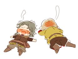  2boys anpolly blank_eyes boots brown_boots brown_pants chibi chibi_only commentary_request fafnir_no_kishi_(sekaiju) flavio_(sekaiju) full_body green_hair grey_hair grey_pants lying male_focus multiple_boys on_back on_stomach open_mouth outstretched_arms pants pouch sekaiju_no_meikyuu shin_sekaiju_no_meikyuu_2 short_hair simple_background sweat white_background 