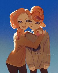  1boy 1girl agent_3_(splatoon_3) brown_sweater colored_extremities commentary highres hug low_side_ponytail mature_eyes mature_female mohawk mother_and_child mother_and_son octoling octoling_boy octoling_player_character off-shoulder_shirt off_shoulder one_eye_closed parent_and_child parted_lips shirt side_ponytail signature sleeves_past_wrists smile splatoon_(series) splatoon_3 sweater tagasaing 