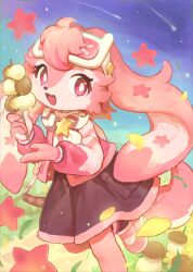  1girl absurdres animal_ears animal_nose bright_pupils commentary dress elsasani_(petit_planet) english_commentary eyewear_on_head falling_petals furry furry_female hand_up highres holding holding_skewer la-ndy leg_up long_sleeves looking_at_viewer mushroom open_mouth petals petit_planet pink_eyes pink_hair rabbit_ears rabbit_girl rabbit_tail scarf shooting_star skewer star_(sky) star_(symbol) tail white_pupils 