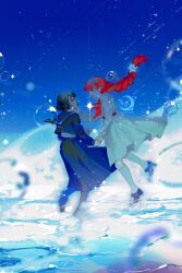  2girls black_hair black_shoes blue_sailor_collar blue_serafuku blue_shirt blue_skirt blue_sky braid bubble closed_mouth commentary dress eye_contact floating_clothes floating_hair full_body hand_on_another's_cheek hand_on_another's_face highres holding_hands kneehighs lara_(sayonara_lara) long_hair long_skirt long_sleeves looking_at_another multiple_girls neckerchief ocean ootsu_mari open_mouth outdoors pleated_skirt profile red_hair red_neckerchief sailor_collar sayonara_lara school_uniform serafuku shirt shoes short_hair single_braid skirt sky smile socks standing tran_(traannahh) untranslatable_commentary very_long_hair white_dress white_socks yuri 