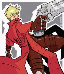  1boy blonde_hair brown_pants coat commentary english_commentary gun highres laddod orange-tinted_eyewear pants prosthesis prosthetic_arm red_coat revolver round_eyewear solo spiky_hair tinted_eyewear trigun vash_the_stampede weapon 