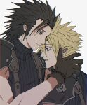  2boys armor black_hair blonde_hair blue_eyes brown_gloves cloud_strife ear_piercing earrings facing_to_the_side final_fantasy final_fantasy_vii gloves grey_background hand_on_another&#039;s_neck hug jewelry light_frown light_smile looking_down male_focus medium_hair mtr_dayoo multiple_boys pauldrons piercing short_hair shoulder_armor simple_background sleeveless sleeveless_turtleneck spiky_hair stud_earrings suspenders turtleneck upper_body zack_fair 