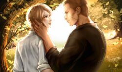  1boy 1girl black_shirt blonde_hair brown_hair buzz_cut collared_shirt commentary day dog_opium english_commentary falling_petals from_behind hand_on_another's_face highres jake_muller looking_at_another outdoors petals resident_evil resident_evil_6 scar scar_on_arm scar_on_face sherry_birkin shirt short_hair sleeves_rolled_up smile upper_body very_short_hair white_shirt 