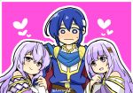  1boy 2girls blue_hair brother_and_sister cape circlet dress dual_persona fire_emblem fire_emblem:_genealogy_of_the_holy_war holding holding_another&#039;s_arm julia_(crusader_of_light)_(fire_emblem) julia_(fire_emblem) long_hair multiple_girls purple_cape purple_hair seliph_(fire_emblem) siblings simple_background violet_eyes yukia_(firstaid0) 