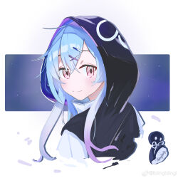  1boy absurdres arknights artist_name blue_hair chinese_commentary closed_mouth commentary_request hair_ornament hairclip highres hood hood_up hooded_vest hoodie looking_at_viewer male_focus mizuki_(arknights) naihubing smile teruterubouzu vest watermark weibo_username weibo_watermark 