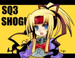  1girl armor blonde_hair brown_ribbon character_name colored_eyebrows commentary_request fang forehead_protector hair_ribbon high_ponytail japanese_clothes kiguchi_(aprico) kimono letterboxed looking_at_viewer official_alternate_color open_mouth ponytail purple_kimono ribbon sekaiju_no_meikyuu sekaiju_no_meikyuu_3 shogun_(sekaiju) shogun_2_(sekaiju) sidelocks solo upper_body v-shaped_eyebrows yellow_background 