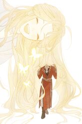  2boys ahoge bandaged_neck bandages belt black_boots boots bracelet brown_hair bug butterfly butterfly_necklace chinese_clothes close-up closed_eyes commentary covered_eyes curtained_hair dot_nose full_body glowing glowing_butterfly grey_pants hair_flowing_over hands_up hanfu happy heaven_official's_blessing high_collar high_contrast highres holding_another's_hair hua_cheng implied_yaoi jewelry laughing leaning_to_the_side light_blush light_smile limited_palette long_hair long_sidelocks long_sleeves male_focus mini_person miniboy multiple_boys necklace open_mouth outline pants puffy_long_sleeves puffy_sleeves red_theme red_yuanlingpao shade side_slit sidelocks silver_belt silver_bracelet simple_background size_difference standing straight-on symbolism teeth thick_eyebrows udada untranslatable_commentary upper_body upper_teeth_only very_long_hair wavy_hair white_background white_butterfly white_hanfu wispy_bangs xie_lian yellow_outline yellow_theme yuanlingpao 