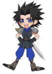  1boy armor belt black_belt black_gloves blue_eyes blue_pants breastplate chibi crisis_core_final_fantasy_vii final_fantasy final_fantasy_vii gloves hands_on_own_hips happy highres kingdom_hearts kingdom_hearts_birth_by_sleep male_focus mtr_dayoo multiple_belts open_mouth pants pauldrons pteruges puffy_pants shoes short_hair shoulder_armor simple_background sleeveless sleeveless_turtleneck smile solo spiky_hair standing sword sword_on_back turtleneck weapon weapon_on_back white_background yellow_blush zack_fair 