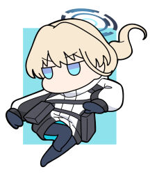  1girl black_jacket black_mittens black_pantyhose blonde_hair blue_archive blue_background blue_eyes border chibi full_body halo jacket jitome long_hair mittens nyaru_(nyaru_4126) pantyhose solo toki_(armed)_(blue_archive) toki_(blue_archive) v-shaped_eyebrows very_long_hair white_border 