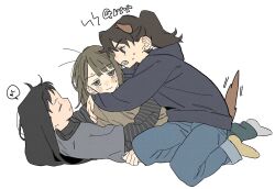  3girls animal_ears black_hair black_hoodie black_shirt blue_pants clenched_teeth closed_eyes closed_mouth commentary_request dayama dog_ears dog_girl dog_tail earrings girl_sandwich grey_shirt highres hood hood_down hoodie jewelry kemonomimi_mode layered_sleeves long_sleeves love_triangle multiple_girls musical_note pants sandwiched shirt short_over_long_sleeves short_sleeves simple_background smile spoken_musical_note stud_earrings sweet_home_(chinese_game) tail teeth translation_request wang_yihan white_background xu_minmin yuri zhao_ying 