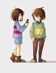  2others =_= ahoge ankle_boots arms_at_sides blue_shorts blue_sweater blush_stickers boots brown_footwear brown_hair brown_pants chara_(undertale) child chocolate closed_eyes commentary evil_smile food frisk_(undertale) from_side full_body giving green_sweater grey_background highres holding holding_chocolate holding_food long_sleeves multiple_others open_mouth other_focus pants profile short_hair shorts simple_background smile sonokare standing sweater symbol-only_commentary undertale |_| 