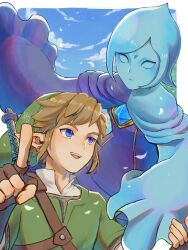  1boy 1girl agisato blonde_hair blue_cloak blue_eyes blue_hair blue_skin blue_sky border brown_gloves chest_jewel cloak collared_shirt colored_skin earrings fi_(zelda) fingerless_gloves forehead_jewel gloves green_hat green_tunic hat highres jewelry link master_sword open_mouth phrygian_cap pointing pointy_ears purple_cloak shirt short_hair sidelocks sky smile sword sword_on_back teeth the_legend_of_zelda the_legend_of_zelda:_skyward_sword tunic two-tone_cloak upper_teeth_only weapon weapon_on_back white_border white_shirt 
