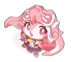  1girl animal_ears animal_nose arm_up bright_pupils dress elsasani_(petit_planet) eyewear_on_head from_above full_body furry furry_female la-ndy long_sleeves open_mouth perspective petit_planet pink_eyes pink_hair pointing pointing_up rabbit_ears rabbit_girl scarf smile star_(symbol) white_background white_pupils 