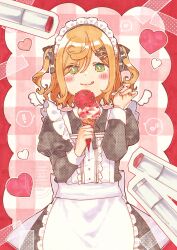  ! 1girl :q absurdres apron black_dress blonde_hair blush_stickers border center_frills closed_mouth collared_dress commentary_request dress eighth_note eyes_visible_through_hair food frills green_eyes hair_over_one_eye hands_up heart highres holding holding_food holding_spoon ice_cream ice_cream_cone juliet_sleeves long_sleeves maid maid_apron maid_headdress multiple_scoops musical_note original plaid_background puffy_sleeves red_border smile sofra solo spoken_exclamation_mark spoken_musical_note spoon tongue tongue_out traditional_media two_side_up watermark white_apron 