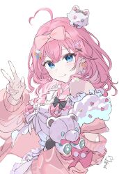  1girl ahoge bare_shoulders blue_eyes bow_hairband braid closed_mouth commentary detached_sleeves earlgrey_tiger earrings hair_ornament hairband hairclip highres jewelry kuramochi_meruto kuramochi_meruto_(casual) long_hair long_sleeves looking_at_viewer niginigi_nijitown nijisanji pink_hair pink_sleeves rene_(kuramochi_meruto) signature smile solo star_(symbol) star_earrings stuffed_toy untranslatable_commentary virtual_youtuber w x_hair_ornament 