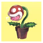  !? :o biting blue_eyes blush blush_stickers border chiimako closed_mouth commentary_request flower_pot kirby kirby_(series) leaf no_humans open_mouth piranha_plant plant potted_plant sharp_teeth simple_background star_(symbol) super_mario_bros. teeth white_border yellow_background 