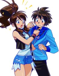  1boy 1girl black_vest blue_eyes blue_jacket brown_eyes brown_hair cutoffs denim denim_shorts exposed_pocket high_ponytail highres hilbert_(pokemon) hilda_(pokemon) jacket open_clothes open_vest pokemon pokemon_adventures pokemon_black_and_white ponytail shorts spiky_hair sukonbu_heiki vest wristband zipper_pull_tab 
