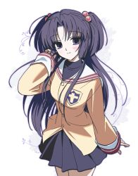 1girl ban_(bango) black_hair blush clannad commentary_request hair_bobbles hair_ornament highres hikarizaka_private_high_school_uniform ichinose_kotomi korean_commentary long_hair long_sleeves looking_at_viewer sailor_collar school_uniform serafuku simple_background skirt smile solo two_side_up violet_eyes white_sailor_collar 