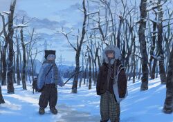  2girls absurdres animal_hat bag bare_tree black_bag black_coat black_pants black_shoes blue_eyes blue_hair blue_jacket blue_scarf blue_sky blush braid cargo_pants cat_hat clouds cloudy_sky coat full_body glasses green_eyes green_pants hasu_art hat headphones headphones_around_neck highres holding holding_stick jacket looking_at_viewer multiple_girls open_clothes open_coat open_mouth original outdoors pants rabbit_hat scarf shoes shoulder_bag side_braid sky snow snow_on_tree stick striped_clothes striped_scarf track_jacket transmission_tower tree winter zipper 