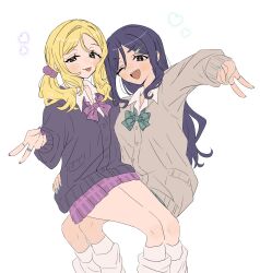  2girls :d :p ;d absurdres alternate_hairstyle blonde_hair blue_hair bow bowtie brown_cardigan cardigan commentary_request fingernails green_bow green_bowtie green_eyes gyaru gyaru_v hair_down hair_ornament hairclip heart highres long_hair looking_at_viewer love_live! love_live!_sunshine!! matsuura_kanan miniskirt multiple_girls nail_polish o_to_mo ohara_mari one_eye_closed pleated_skirt purple_bow purple_bowtie purple_cardigan purple_nails purple_skirt simple_background sitting sitting_on_lap sitting_on_person skirt smile tongue tongue_out twintails v white_background 