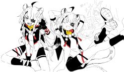  1girl :d absurdres ahoge animal_ears arknights arknights:_endfield claw_pose commentary_request dopperu_ben eyepatch hair_ornament highres one_eye_covered shorts sitting smile tail tangtang_(arknights) teeth thigh_strap tiger_ears tiger_girl tiger_tail v-shaped_eyebrows 