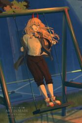  1girl absurdres black_pants blonde_hair blue_jacket blue_sky chainsaw_man collared_shirt demon_horns floating_hair grass grin hair_between_eyes highres horns jacket lips on_swing open_clothes open_jacket pants pants_rolled_up power_(chainsaw_man) shirt shoes sky smile standing swing symbol-shaped_pupils teeth tree weaffoe white_shirt white_shoes yellow_eyes 