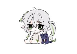  1girl alternate_costume arms_at_sides asymmetrical_sidelocks blush braid bright_pupils cat circle_hands closed_mouth collared_shirt cross-shaped_pupils full_body genshin_impact green_eyes green_hair green_shorts grey_sleeves hair_between_eyes hair_intakes hair_ornament half_crown_braid leaf leaf_hair_ornament long_hair looking_at_animal multicolored_hair nahida_(genshin_impact) purple_cat round_collar scaramouche_(cat)_(genshin_impact) scaramouche_(genshin_impact) shirt shorts side_ponytail sidelocks sitting smile streaked_hair symbol-shaped_pupils wheat_02 white_background white_hair white_pupils white_shirt 