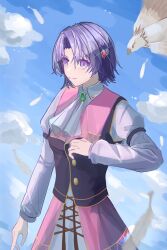  1girl absurdres ascot bird blue_sky blurry blurry_foreground brooch closed_mouth clouds collared_shirt commentary_request cowboy_shot curtained_hair day eiyuu_densetsu falcon falling_feathers feathers gem glint green_gem hair_between_eyes hair_ornament hairclip highres jewelry kloe_rinz long_sleeves outdoors parted_bangs pink_skirt puffy_long_sleeves puffy_sleeves purple_vest red_gem school_uniform sherry_ntmu shirt short_hair sieg_(eiyuu_densetsu) skirt sky smile solo sora_no_kiseki sora_no_kiseki_fc two-tone_vest vest violet_eyes white_ascot white_bird white_feathers white_shirt 