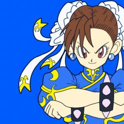  1990s_(style) 1girl blue_background bracelet brown_eyes brown_hair bun_cover chankop chinese_clothes chun-li closed_mouth commentary_request crossed_arms double_bun dress earrings hair_bun jewelry looking_at_viewer parody puffy_sleeves qipao retro_artstyle short_hair simple_background smile solo spiked_bracelet spikes street_fighter style_parody toriyama_akira_(style) upper_body 