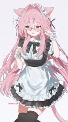  1girl @_@ animal_ears apron black_dress black_ribbon black_thighhighs blush collared_dress commentary dot_nose dress feet_out_of_frame frilled_hairband frills funa_(sakana) glasses hairband hands_up highres long_hair maid multicolored_dress neck_ribbon open_mouth original paw_pose pink_hair ribbon short_sleeves simple_background solo tail thigh-highs thighs twitter_username two-tone_dress untranslatable_commentary violet_eyes white_apron white_background white_dress 