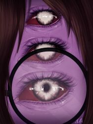  absurdres arthropod_girl brown_hair colored_sclera colored_skin dante_will dante_will_(gamer) dante_will_(spider) extra_eyes eye_focus highres indie_virtual_youtuber mia_a_hale monster_girl no_pupils purple_skin red_sclera round_eyewear signature spider_girl virtual_youtuber 