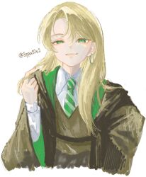  1girl 5ppa10s2 absurdres black_robe blonde_hair cardigan closed_mouth earrings eyelashes genderswap genderswap_(mtf) green_eyes green_hood green_necktie hair_over_shoulder harry_potter_(series) highres hogwarts_school_uniform hood hood_down hoop_earrings jewelry long_hair looking_at_viewer malfoid necktie playing_with_own_hair raised_eyebrow ringed_eyes robe school_uniform shirt simple_background slytherin smile smirk solo twitter_username upper_body white_background white_shirt wide_sleeves wizarding_world 