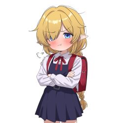  1girl :t absurdres annoyed backpack bag blonde_hair blue_dress blue_eyes blush braid braided_ponytail child closed_mouth cowboy_shot crossed_arms dress hair_over_one_eye hanakaji_(yuuchanto) highres long_hair looking_at_viewer neck_ribbon original pointy_ears pout randoseru red_bag red_ribbon ribbon sailor_dress school_uniform shirt sidelocks simple_background solo textless_version very_long_hair white_background white_shirt 