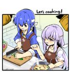  1boy 1girl apron blue_hair brother_and_sister circlet cooking cucumber english_text fire_emblem fire_emblem:_genealogy_of_the_holy_war food headband holding julia_(fire_emblem) knife long_hair open_mouth ponytail purple_hair seliph_(fire_emblem) siblings soup violet_eyes white_headband yukia_(firstaid0) 