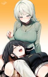  2girls absurdres bang_dream! bang_dream!_our_notes black_hair black_shirt blush closed_eyes closed_mouth commentary earrings gradient_background grey_eyes grey_hair highres jewelry lap_pillow long_hair mahashi_miku multiple_girls necklace open_mouth orange_background sarukana shirt smile suga_raika white_background yuri 