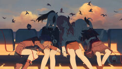  4girls absurdres aru_(blue_archive) asymmetrical_hair bird black_boots black_choker black_flower black_hair black_horns black_jacket black_shirt black_skirt blue_archive blue_sky boots breast_pocket buttons chair character_doll chibi chibi_on_head chinese_commentary choker closed_eyes closed_mouth clouds collared_shirt commentary_request contrast_lapels cropped_jacket demon_girl demon_horns doll double-breasted fanshuimucishen flat_chest flock flower frilled_shirt_collar frilled_skirt frills garter_straps hair_between_eyes hair_flower hair_ornament hairclip hand_on_own_stomach haruka_(blue_archive) high-waist_skirt highres hood hood_down hooded_sweater horns jacket jewelry kayoko_(blue_archive) knee_boots lace-up_boots lapels leaning_on_person leaning_to_the_side long_hair long_sleeves lying_on_person medium_hair military_jacket miniskirt multicolored_hair multiple_girls multiple_hairclips mutsuki_(blue_archive) neck_ribbon on_head open_mouth parallel_hairclips parted_bangs petticoat pleated_skirt pocket ponytail problem_solver_68_(blue_archive) puffy_long_sleeves puffy_sleeves purple_hair red_hair red_ribbon red_skirt red_trim ribbon shadow shirt short_hair_with_long_locks short_sleeves sidelocks single_garter_strap sitting skirt sky sleeping sleeping_on_person sleeping_upright sunset sweater thigh_strap underbust very_long_hair white_hair white_shirt zipper zipper_pull_tab 