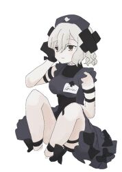  1girl black_dress black_gloves blonde_hair bow closed_mouth commentary dress frills gloves hair_bow hair_ornament hat highres magical_girl mahou_shoujo_ikusei_keikaku mahou_shoujo_ikusei_keikaku_restart name_tag nurse_cap runnnnka shadowgale short_hair untranslatable_commentary x_hair_ornament 