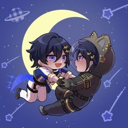  2boys :d alternate_costume astronaut black_gloves black_hair chibi chibi_only commentary_request crescent_moon dual_persona gloves hair_ornament hairclip helmet highres holding_hands holostars holostars_idol_uniform_(movin_on) kanade_izuru lightning_bolt_hair_ornament lightning_bolt_symbol male_focus mioto_(tsubsq_m) moon multiple_boys official_alternate_costume one_arm's_reach_from_laika_(kanade_izuru) open_mouth pants planet sleeve_cuffs smile space_helmet spacesuit star_(sky) thigh_strap three-quarter_sleeves violet_eyes virtual_youtuber waist_cape white_pants 