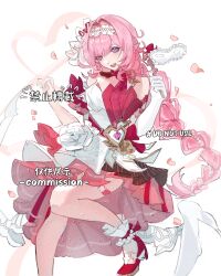  1girl absurdres artist_request blue_eyes braid breasts chinese_commentary commentary_request commission dress elf elysia_(honkai_impact) eye_mask gloves hairband high_heels highres holding holding_mask honkai_(series) honkai_impact_3rd large_breasts long_hair looking_at_viewer mask open_mouth pink_hair pointy_ears red_dress second-party_source simple_background single_glove smile socks solo thighs two-tone_dress very_long_braid very_long_hair white_background white_dress white_gloves white_hairband white_socks 